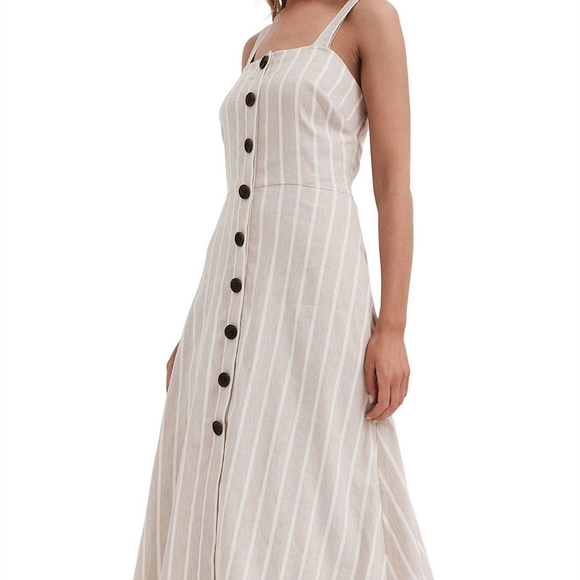 WITCHERY Linen blend Neutral Beige White Stripe Button Midi Dress NWT RRP$160 - Picture 7 of 16